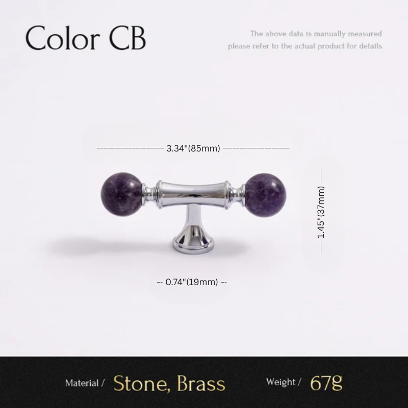 Measurement chart of a decorative item with stone and brass components on a white background.