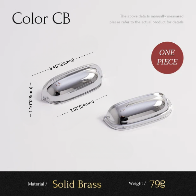 Chrome cabinet handle with dimensions and material details on a white background