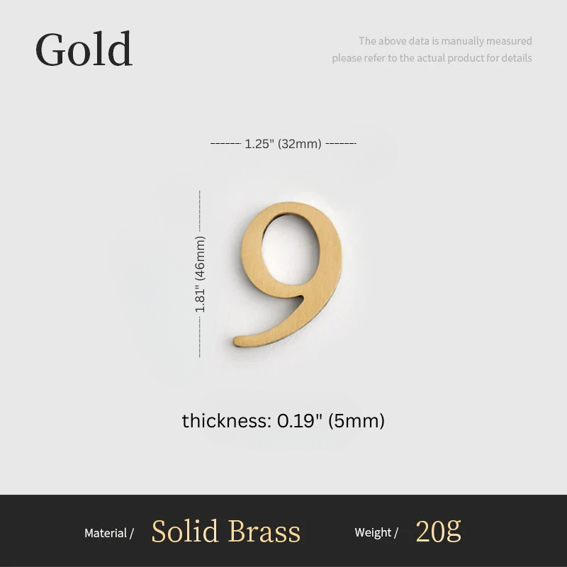 Gold number '9' with measurements on a light gray background