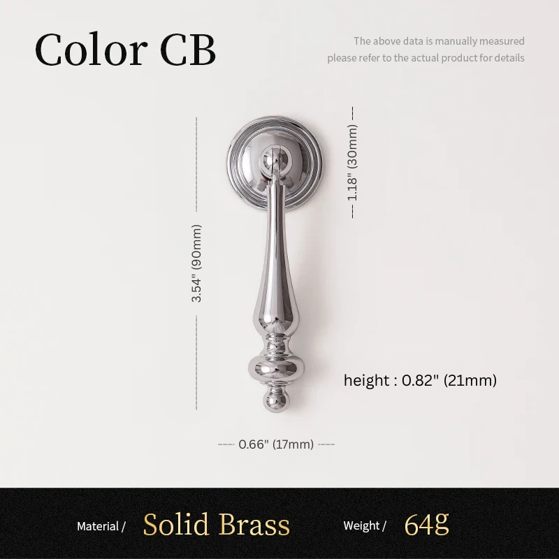 Solid brass door handle with dimensions and material details on a white background