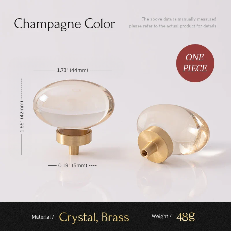 Two glass knobs with brass bases on a white background, labeled 'Champagne Color'.