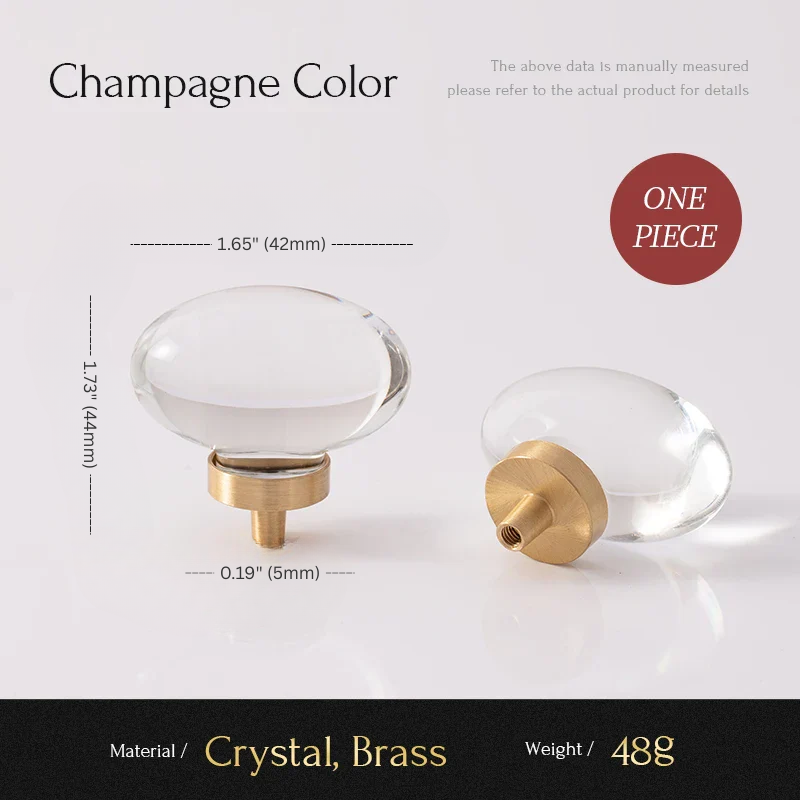 Two glass knobs with brass bases on a white background, labeled 'Champagne Color'.