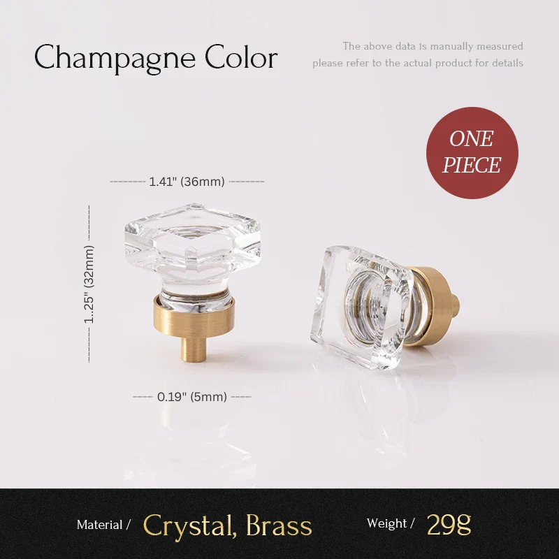 Clear crystal cabinet knob with brass base on a white background, showing measurements and material details.