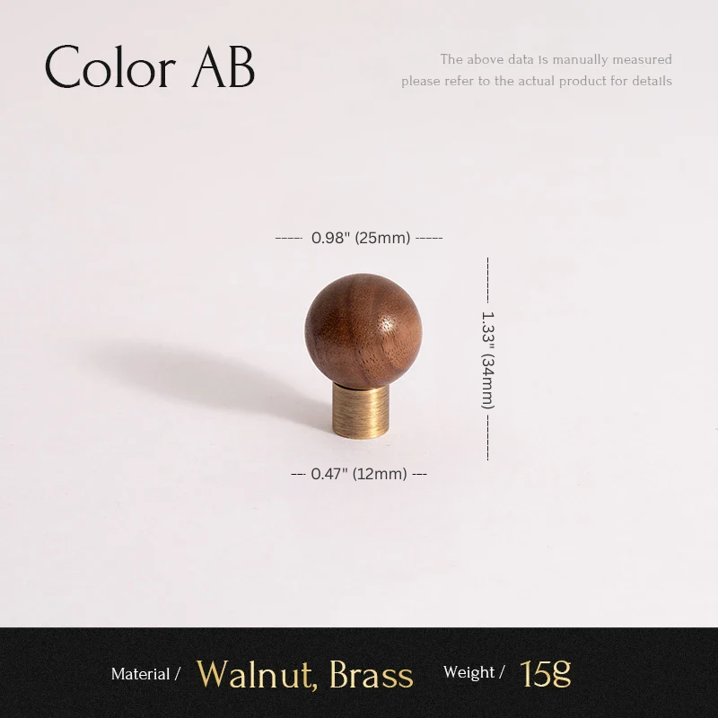 Wooden ball finial with brass base on a white background, showing measurements and material details.