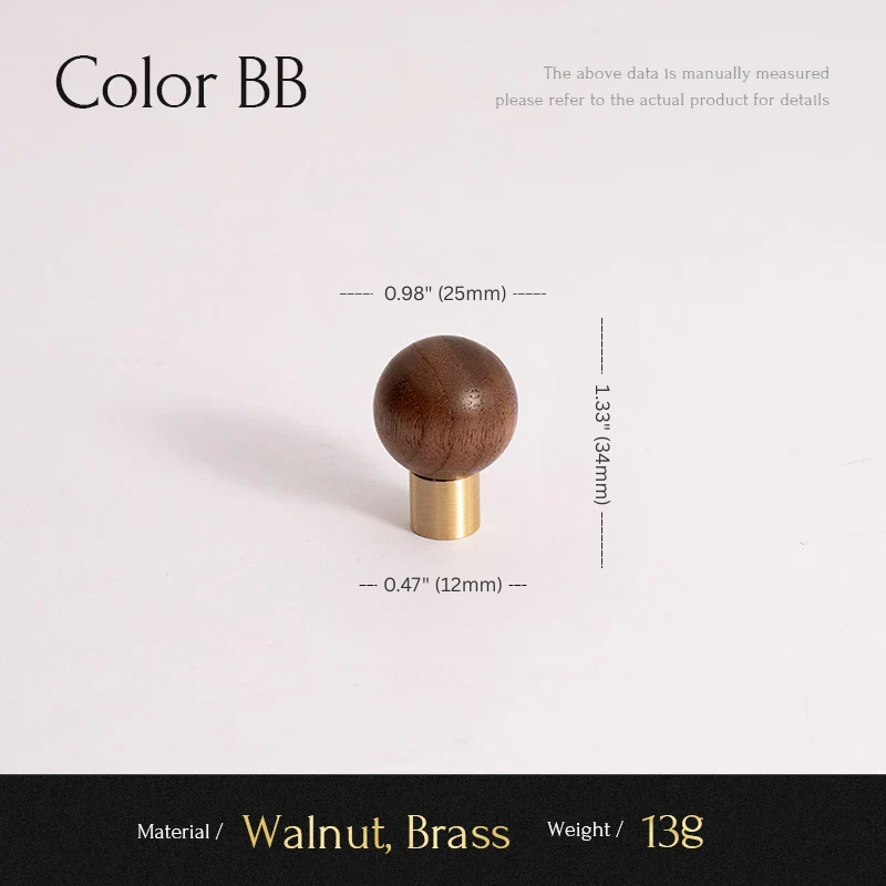 Wooden and brass knob with measurements on a light gray background