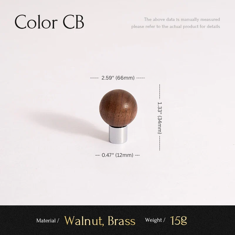 Wooden knob with measurements and material details on a white background