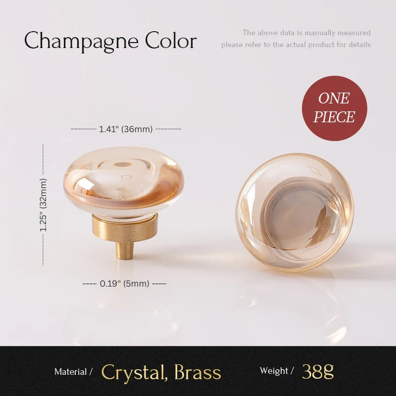 Crystal and brass knob with dimensions and material details on a light gray background