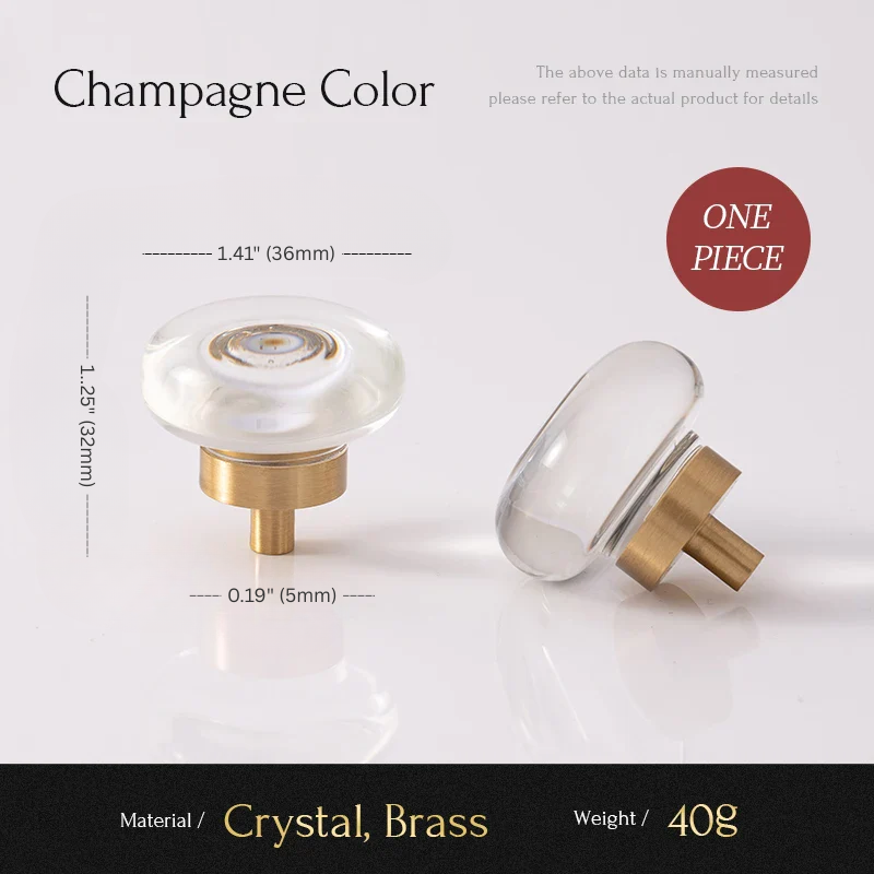 Two crystal cabinet knobs with brass accents on a white background, labeled 'Champagne Color'.