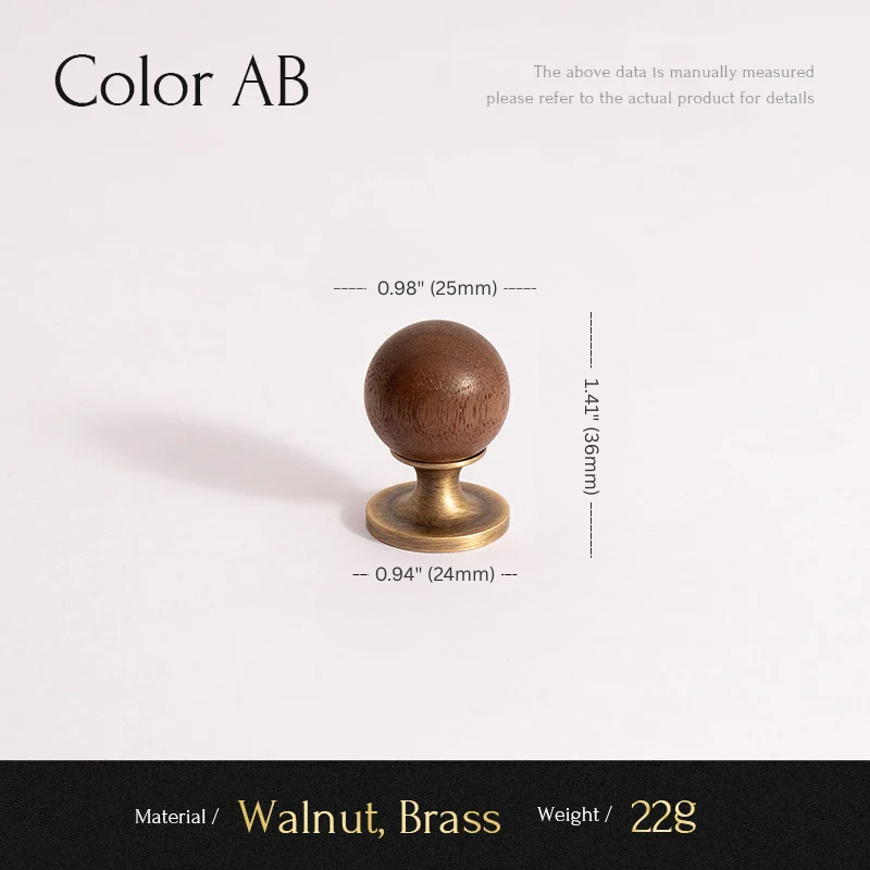 Wooden knob with brass base and measurements on a white background