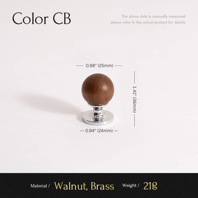 Wooden knob with brass base and measurements on a white background