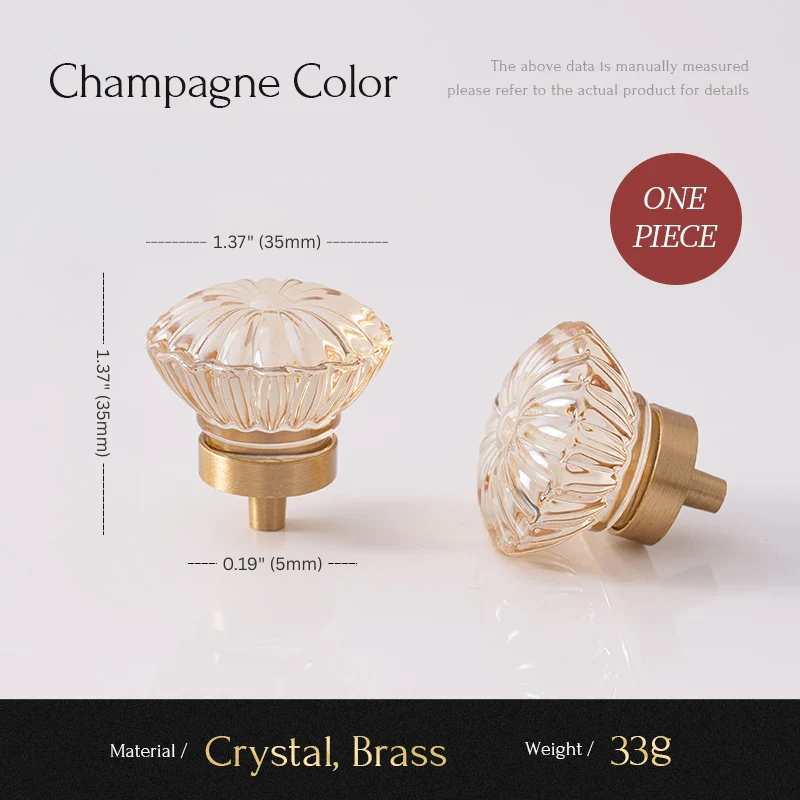Two glass cabinet knobs with brass bases on a light gray background, labeled 'Champagne Color'.