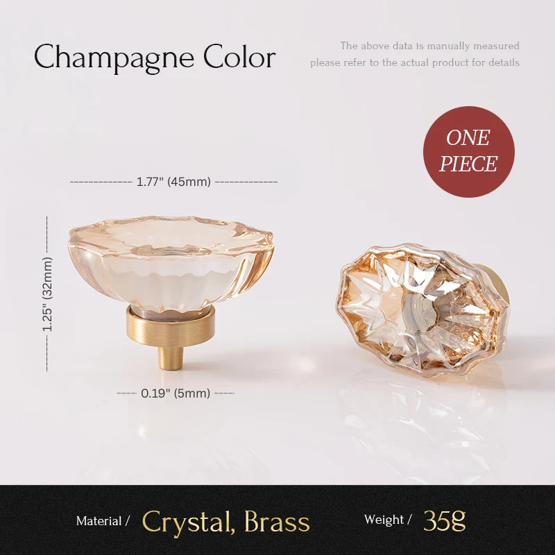 Two crystal knobs with brass bases on a light gray background, labeled 'Champagne Color'.