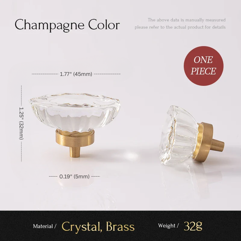 Glass door knobs with brass finish on a white background, showing measurements and material details.