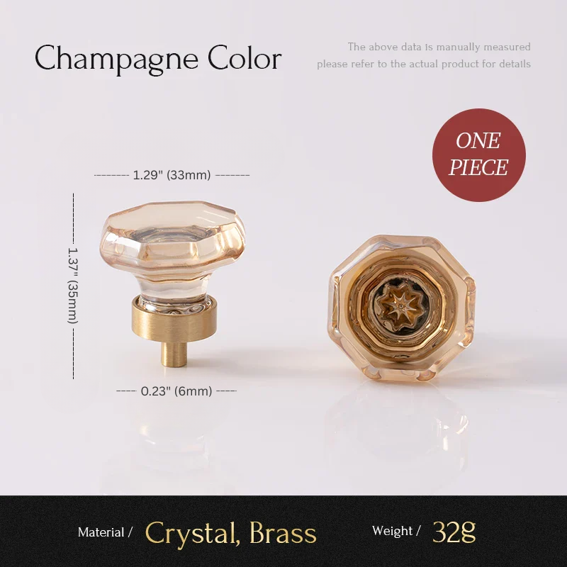 Gold and crystal cabinet knob with measurements and material details on a light gray background
