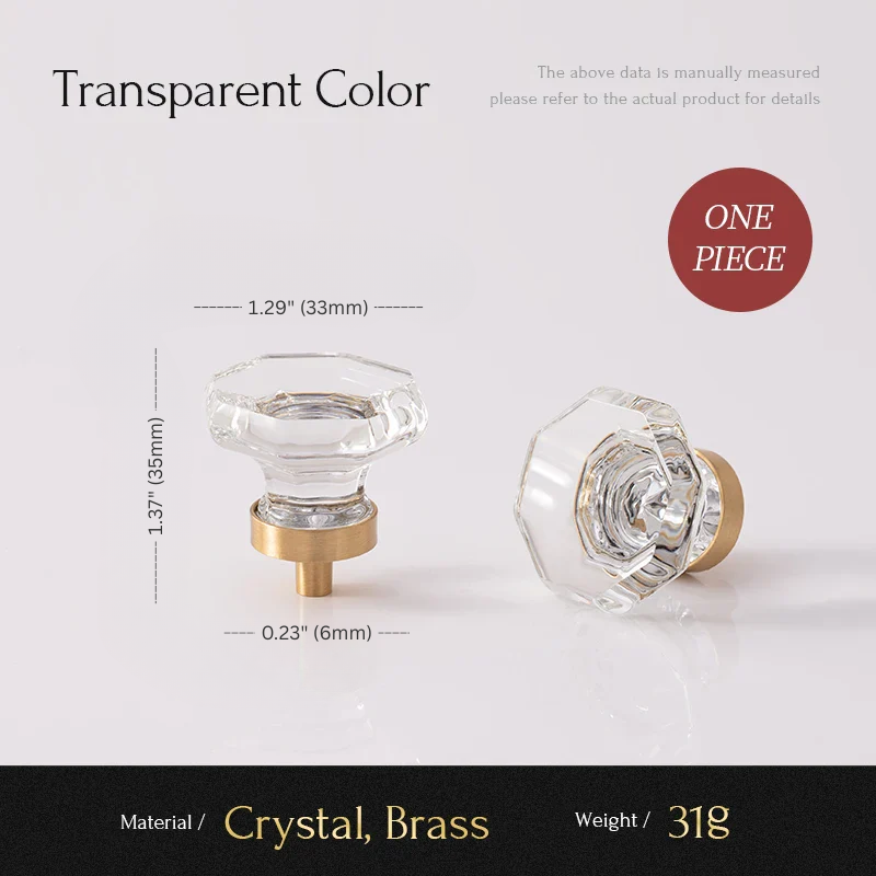 Clear glass door knobs with brass base on a white background, showing measurements and material details.