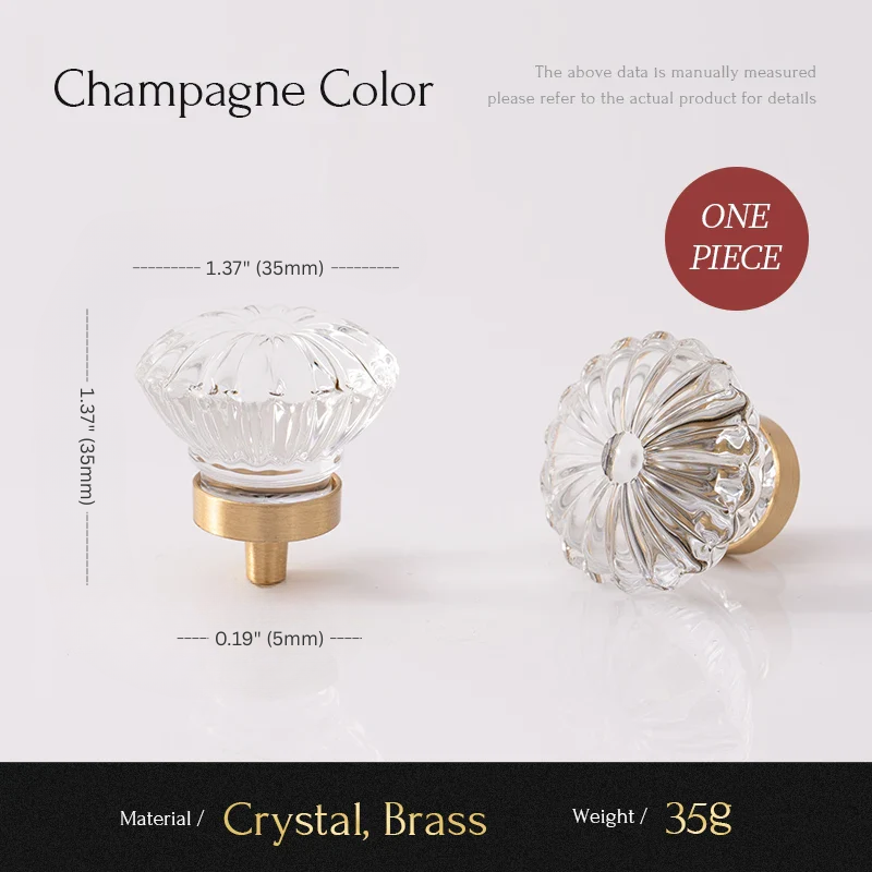 Clear crystal cabinet knobs with brass bases on a white background, labeled 'Champagne Color'.