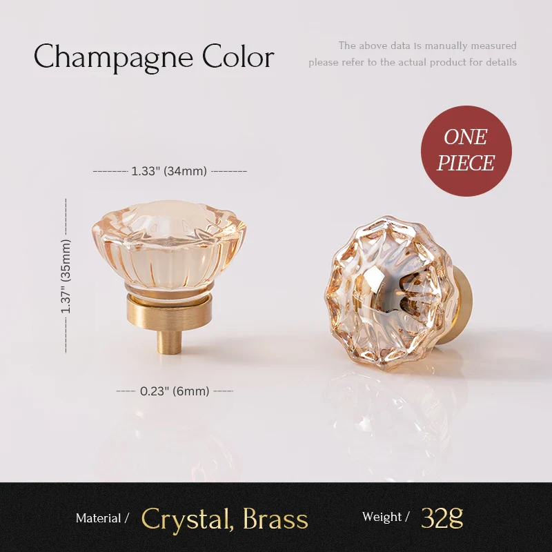 Two crystal cabinet knobs with brass accents on a light gray background, labeled 'Champagne Color'.
