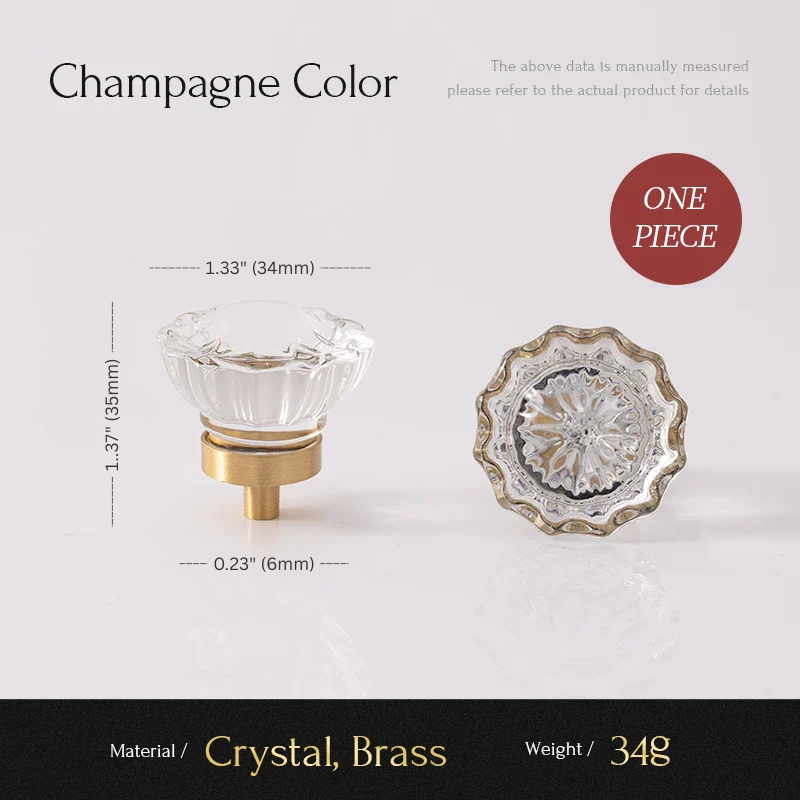 Crystal and brass cabinet knob with measurements and material details on a light gray background