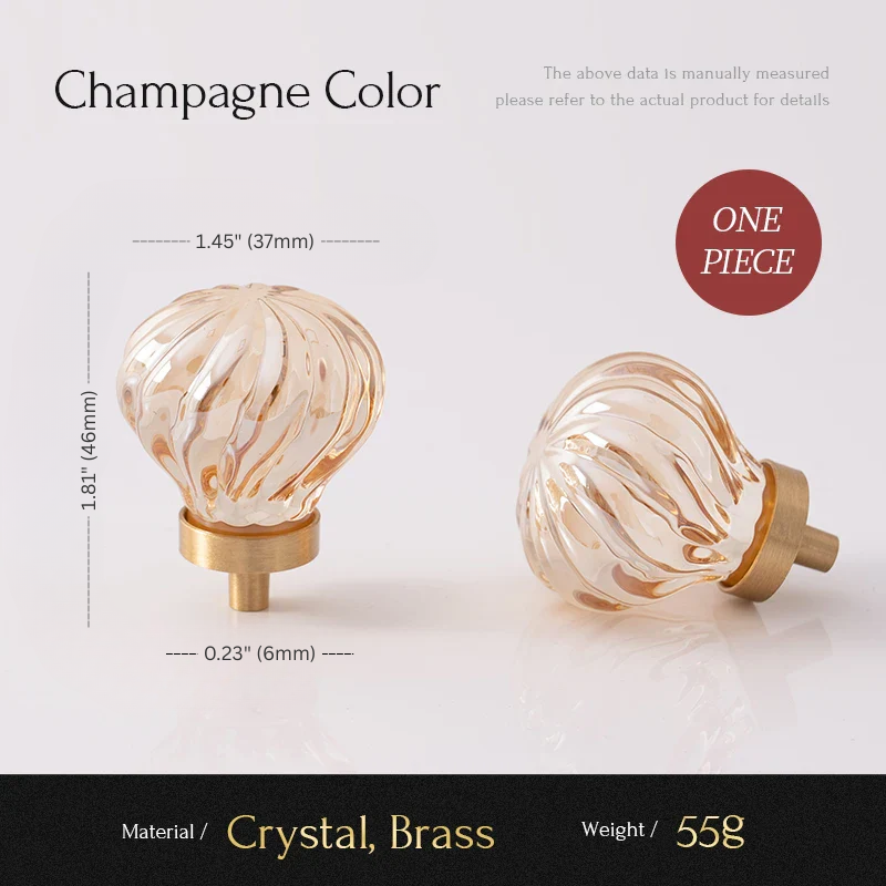 Two decorative knobs with measurements and material details on a light background