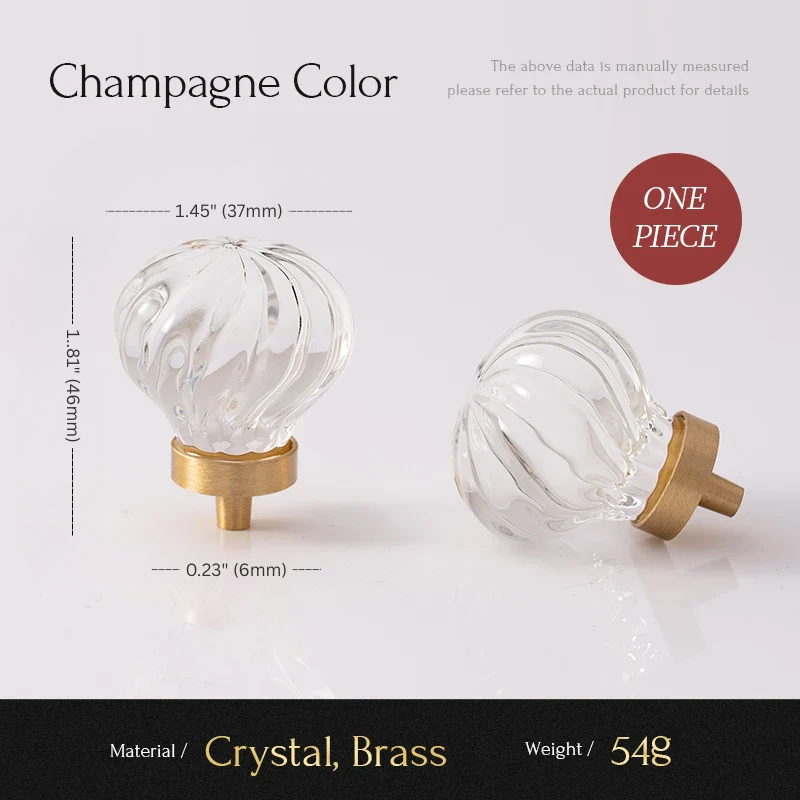 Two glass knobs with brass bases on a white background, labeled 'Champagne Color'.