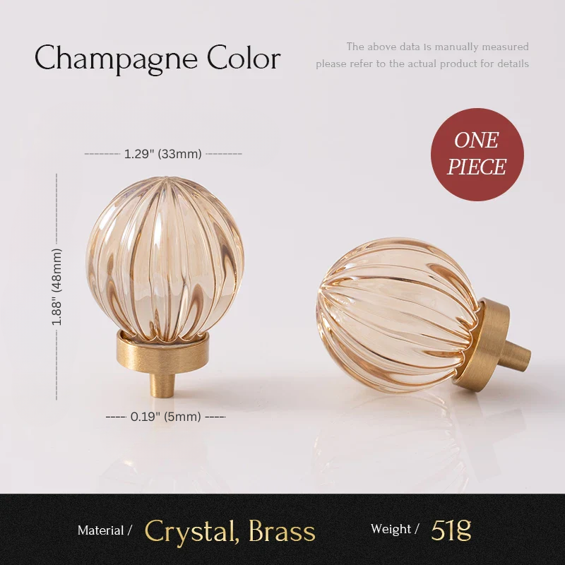 Two decorative glass knobs with brass bases on a white background, labeled 'Champagne Color'.