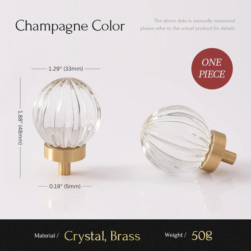 Glass knobs with brass bases on a white background, labeled 'Champagne Color'.