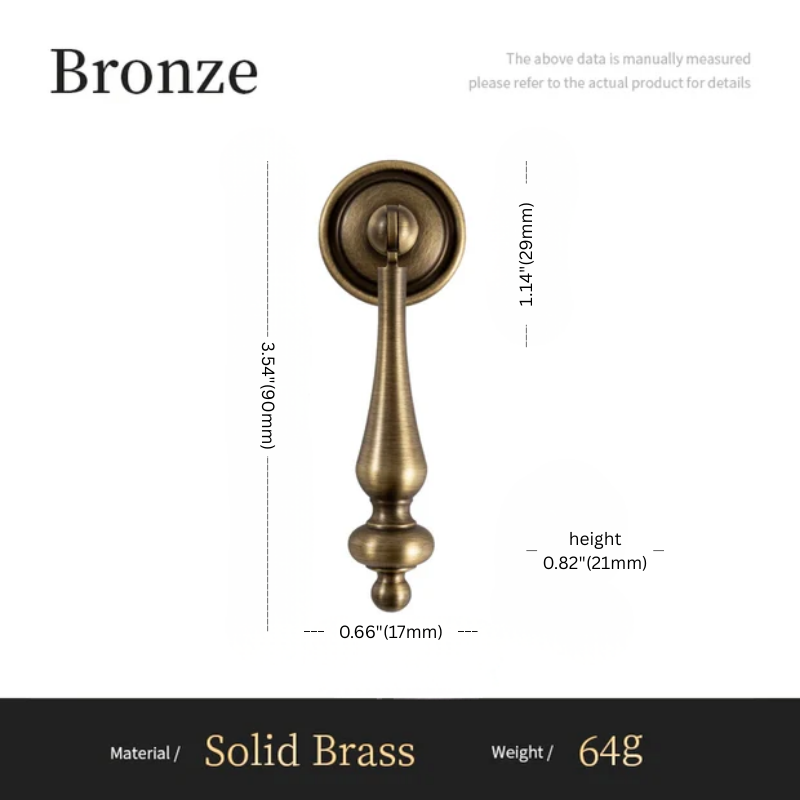 Bronze door handle with dimensions and material details on a white background