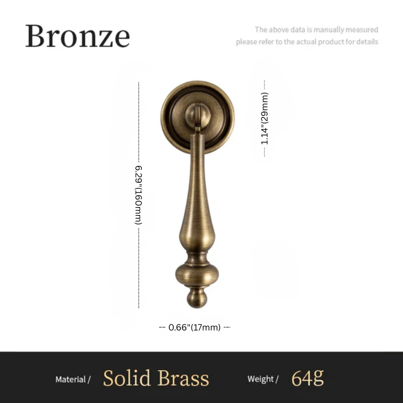 Bronze door handle with dimensions and material details on a white background