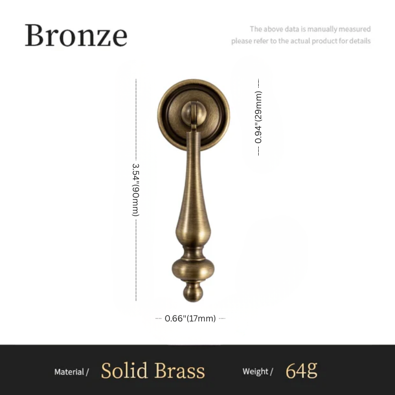 Bronze door handle with dimensions and material details on a white background