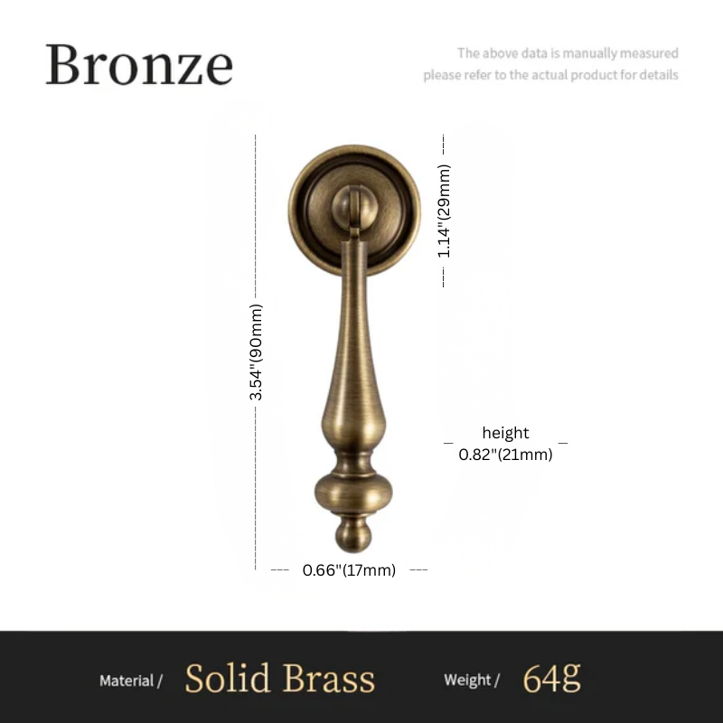 Bronze door handle with dimensions and material details on a white background