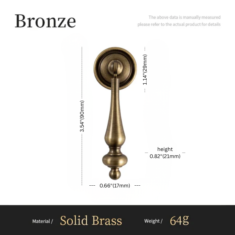 Bronze door handle with dimensions and material details on a white background