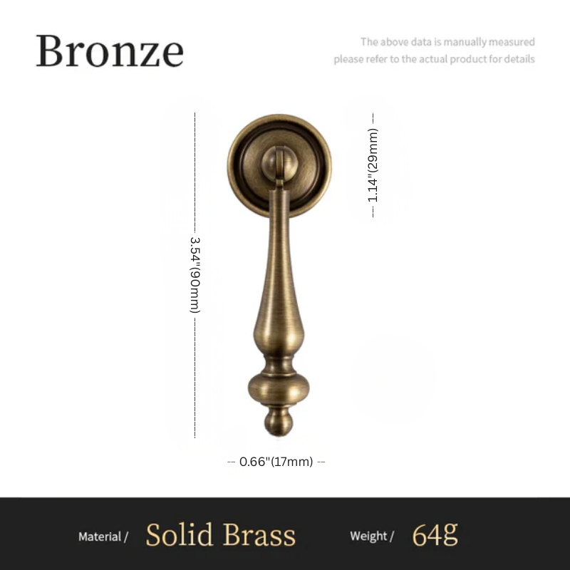 Bronze door handle with dimensions and material details on a white background
