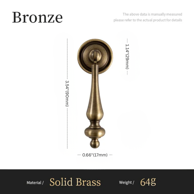 Bronze door handle with dimensions and material details on a white background