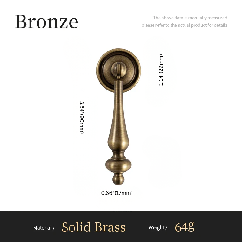 Bronze door handle with dimensions and material details on a white background