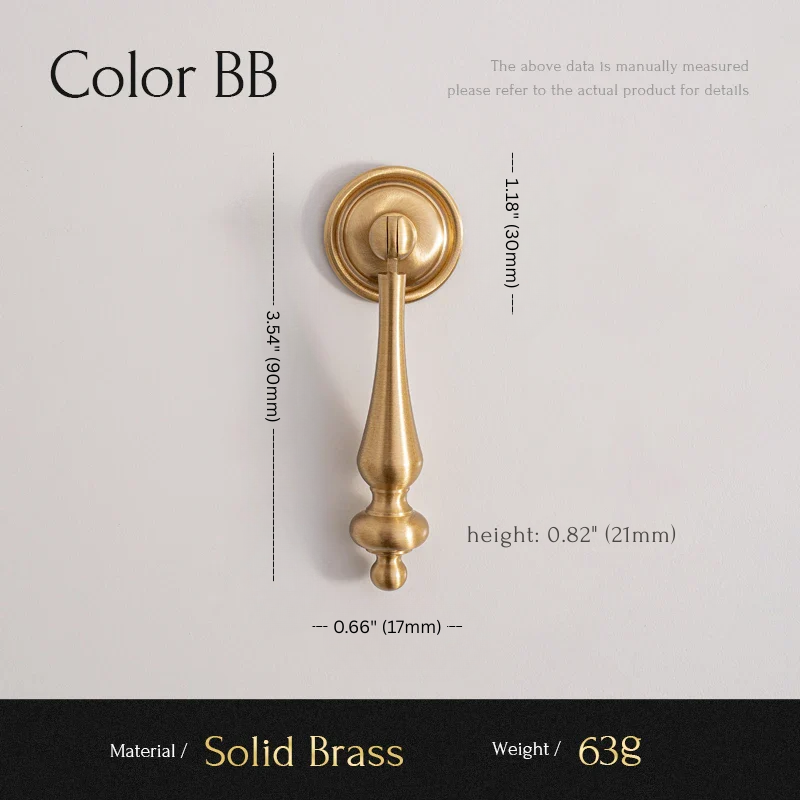 Gold door handle with dimensions and material details on a gray background