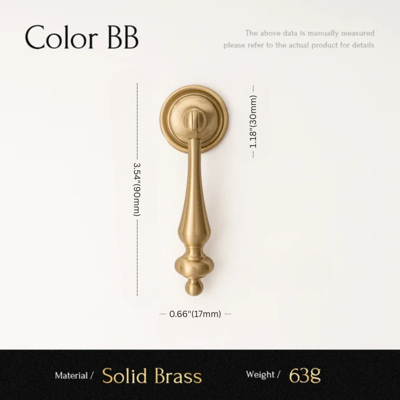 Gold door handle with dimensions and material details on a white background