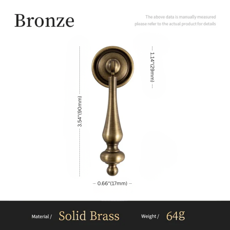 Bronze door handle with dimensions and material details on a white background