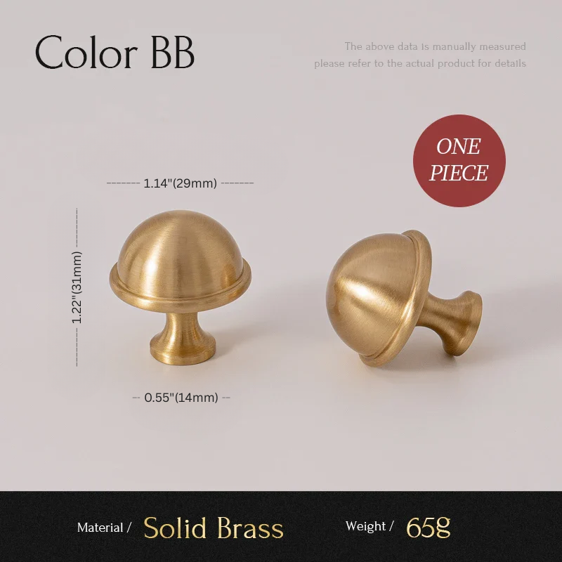 Two solid brass cabinet knobs with measurements and material details on a light gray background.