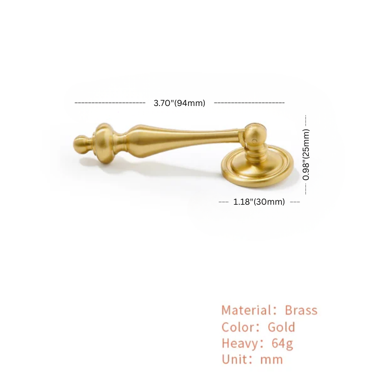 Gold cabinet handle with dimensions and material details on a white background