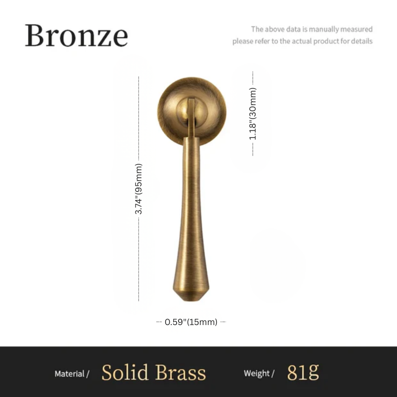 Bronze door handle with dimensions and material details on a white background