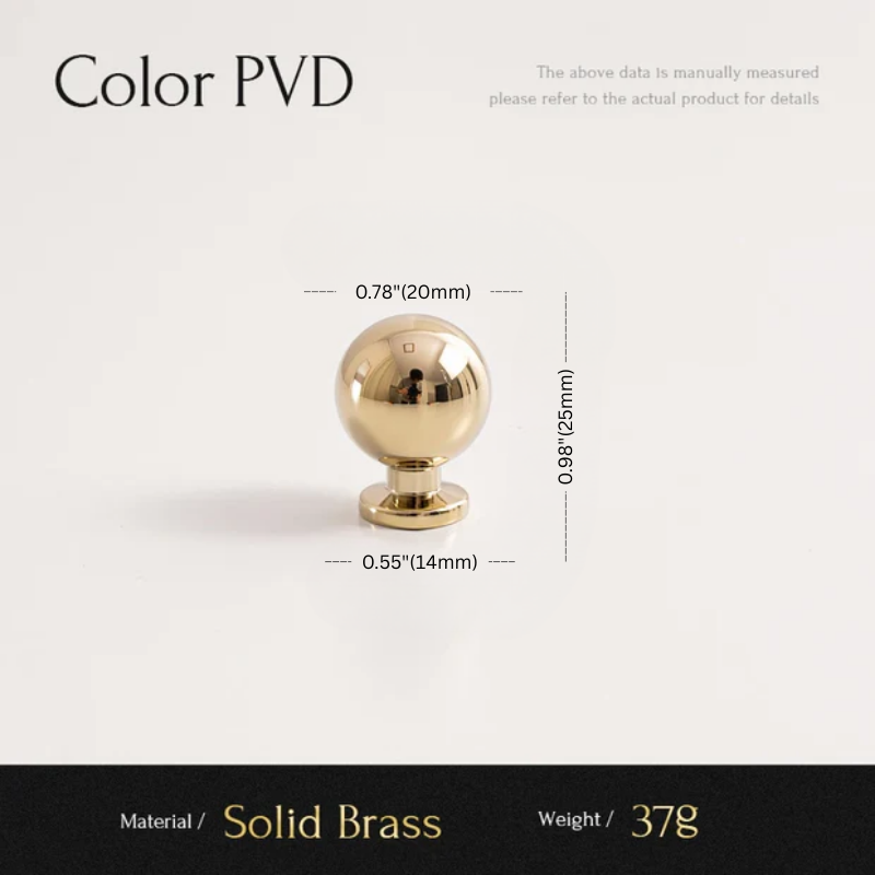 Gold spherical object with measurements on a white background