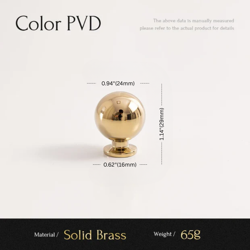 Gold spherical object with dimensions and material details on a white background