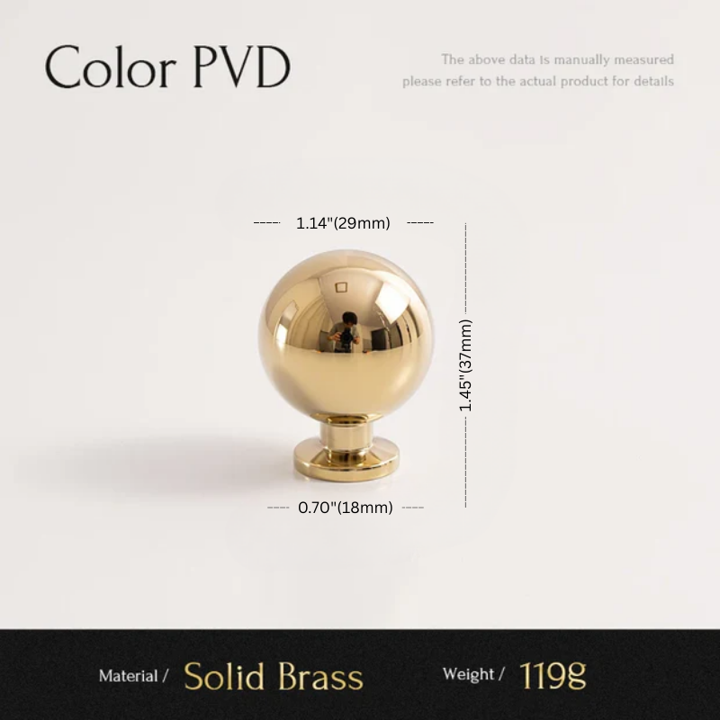 Gold spherical object with dimensions and material details on a white background