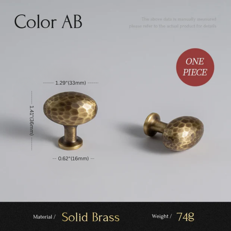 Two solid brass cabinet knobs with measurements and material details on a gray background.