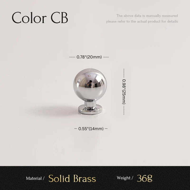 Silver cabinet knob with measurements and material details on a light gray background
