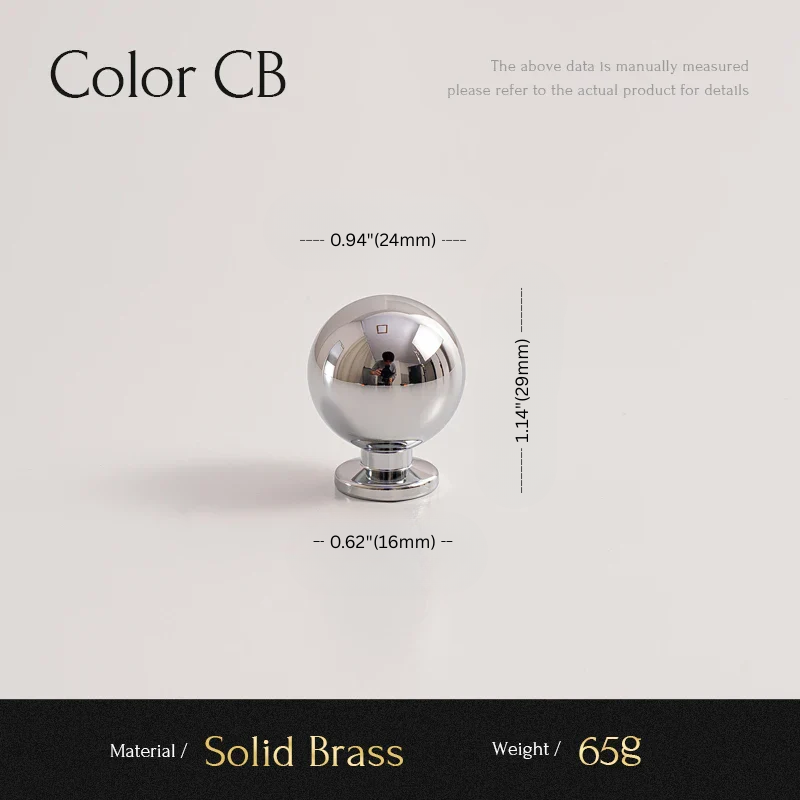 Chrome spherical knob with measurements on a light gray background