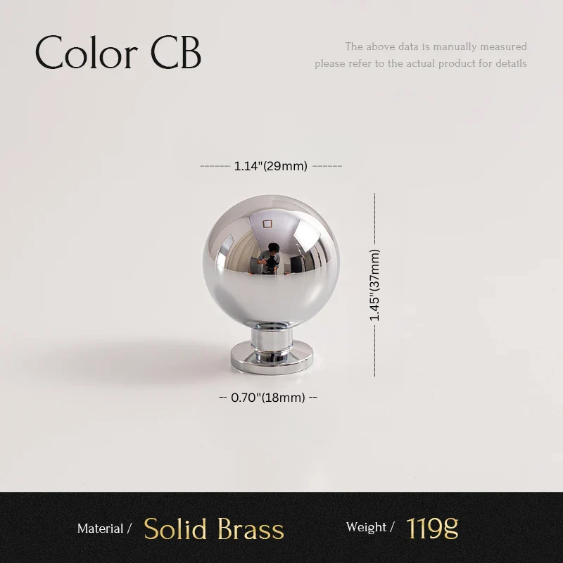 Chrome spherical knob with measurements on a light gray background
