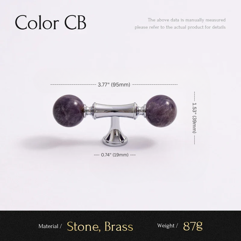 Decorative fixture with purple stone balls and silver base on a white background, showing measurements and material details.