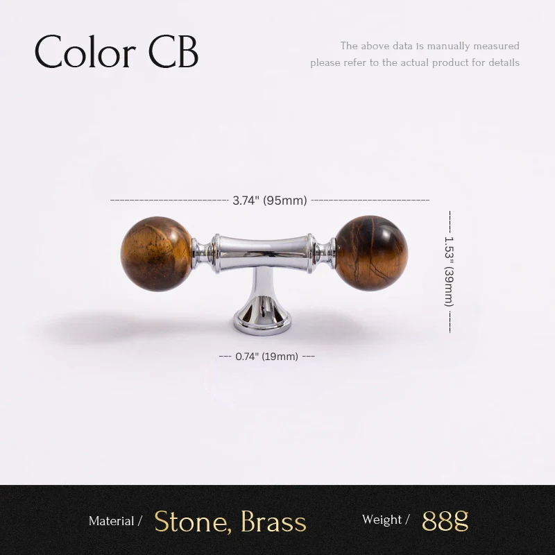 Decorative handle with stone and brass components, showing measurements and material details.
