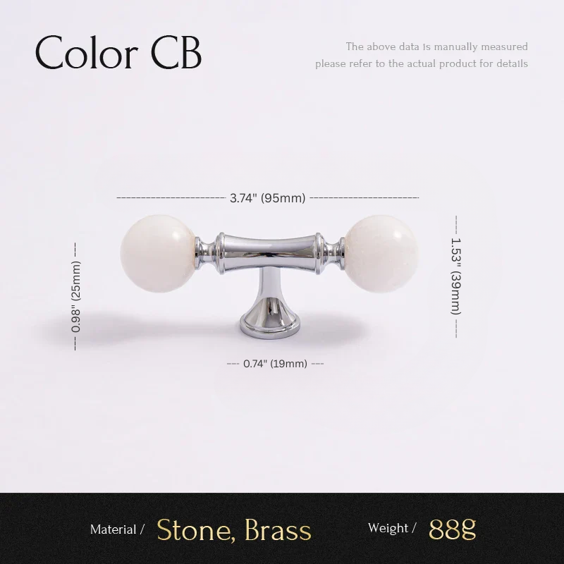 Measurement chart for a decorative item with stone and brass components on a white background.
